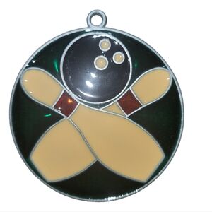 Vintage Handmade Stained Glass Bowling Ball & Pins Suncatcher Ornament Green